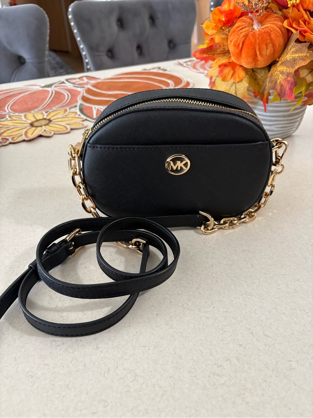 Michael Kors Black Leather Oval Crossbody with Gold Chain
